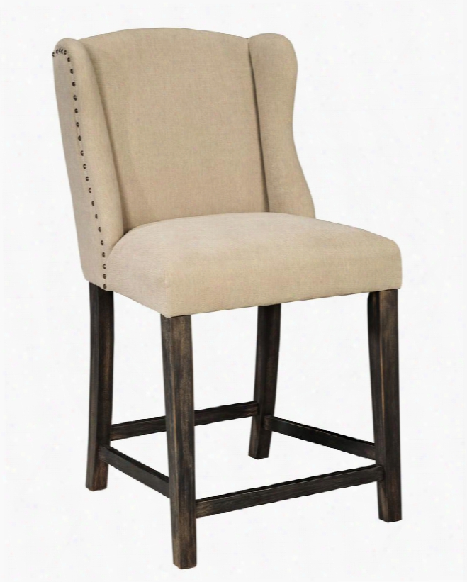 Moriann D608-524 24" Upholstered Bar Stool With Bronze Nail Accents Wing Designed Back And Fabric Upholstery In Light Beige