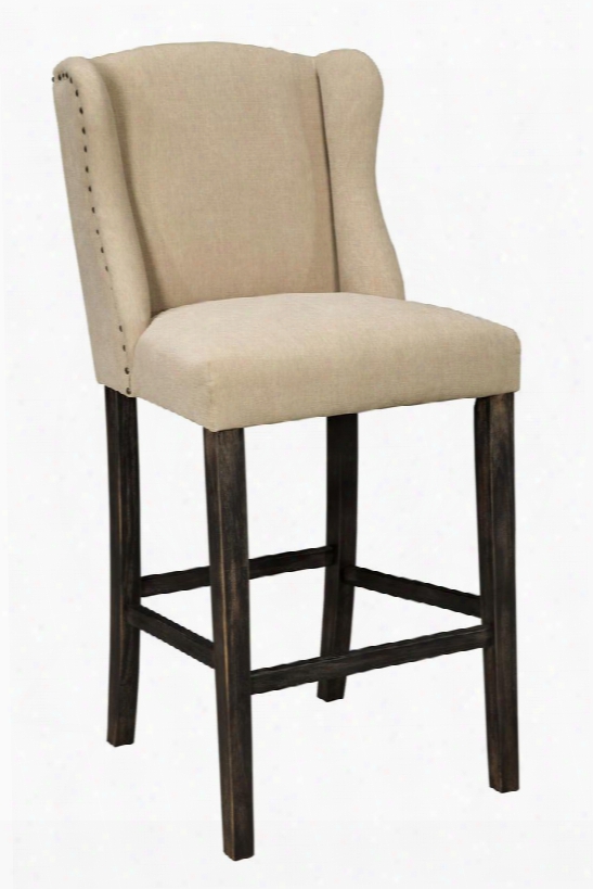 Moriann D608-530 30" Upholstered Bar Stool With Bronze Nail Accents Wing Designed Back And Fabric Upholstery In Light Beige