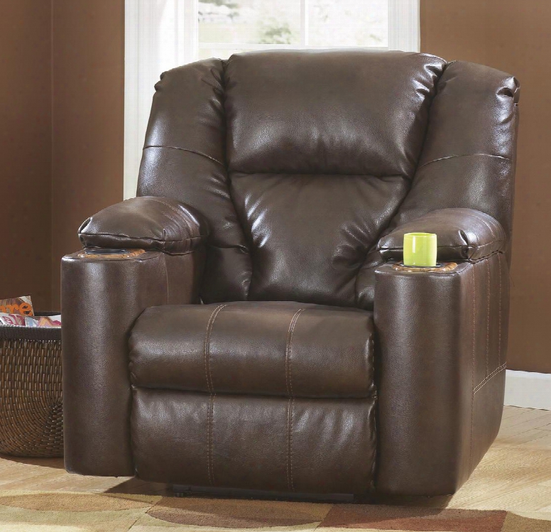 Paramount Durablend 7640129 Recliner With Cup Holders Decorated With Wood Grain Stitched Details Padded Arms And Head Rest In