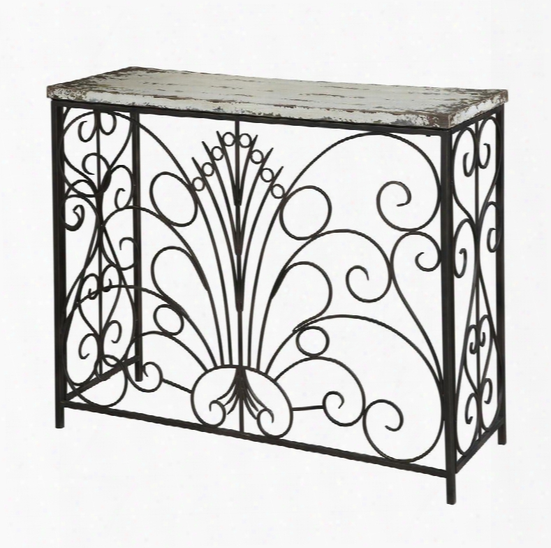 Percel Collection 990-225 32" Console Table With Antique-weathered Look Top And Metal Base With Intricate Scroll Designs In Distressed White