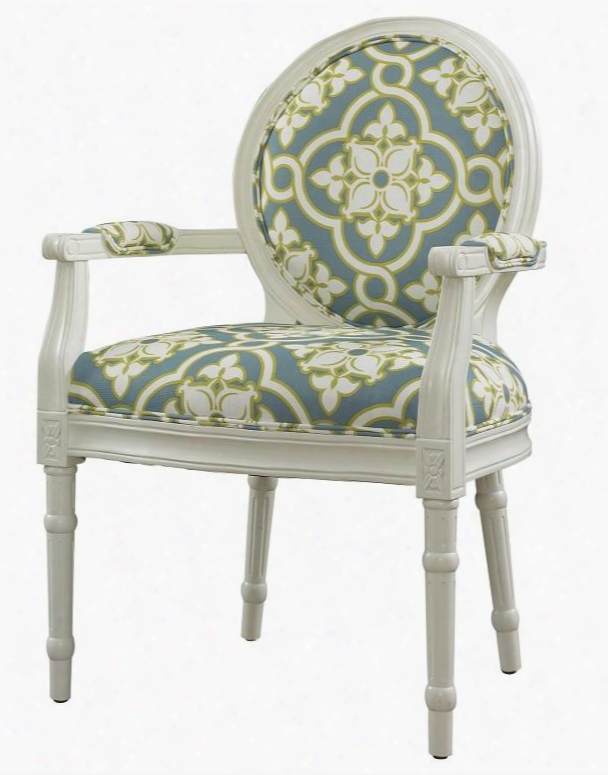 Persons Collection 929-630 40" White And Teal Ghost Chair With Medallion Chair Back Padded Arms Carved Detailing And 100% Polyester Upholstery With Piped