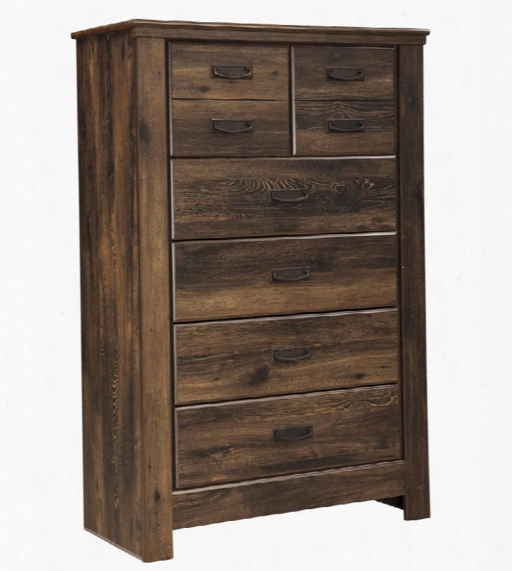 Quinden B246-46 34" 5-drawer Chest With Side Roller Glides Replicated Oak Grain Details And Antique Colored Hardware In Dark