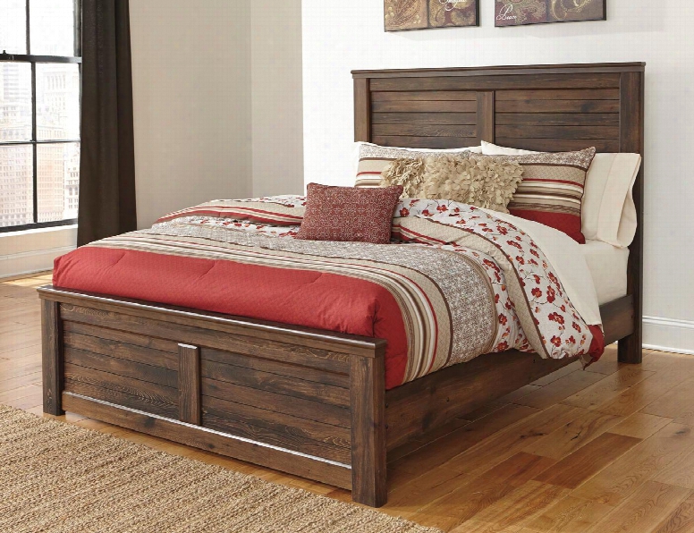 Quinden B246-58/56/99 King Size Panel Bed With Horizontal Slat Details Framed Panels And Replicated Oak Grain In Dark