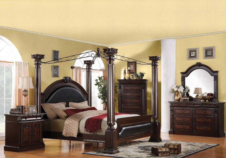 Roman Empire Collection 19326ck4pcset Bedroom Set With California King Size Canopy Bed + Dresser + Mirror + Nightstand In Dark Cherry