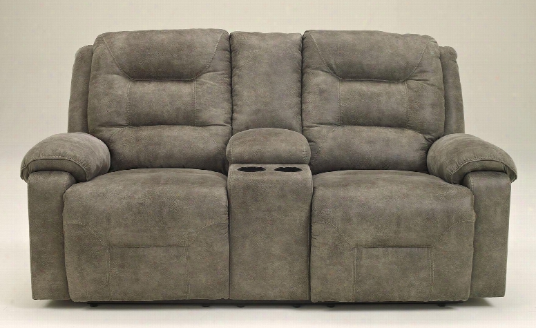 Rotation 9750196 77" Double Power Reclining Loveseat With Storage Console 2 Cup Holders Padded Arms And Divided Back Design In Smoke