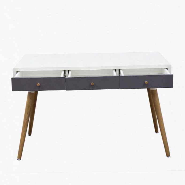 Sonic Sonicdesk 47" Two-tone Retro Desk Table With 3 Drawers Oak Knobs Grey Drawer Fronts And Flared Solid Oak Legs In White And Grey