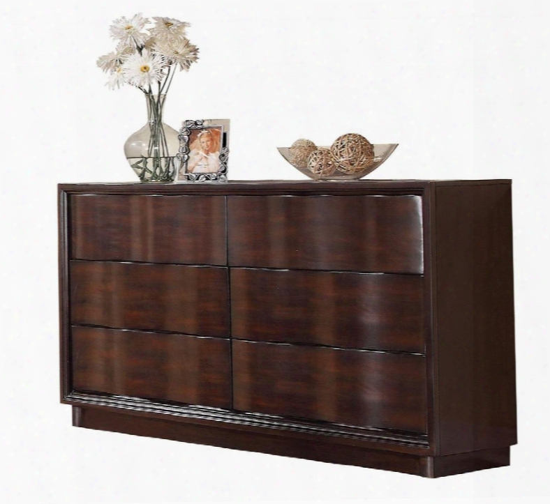 Travell Collection 20525 63" Dresser With 6 Drawers Wavy Design Side Metal Drawer Glides And Pine Wood Construction In Walnut