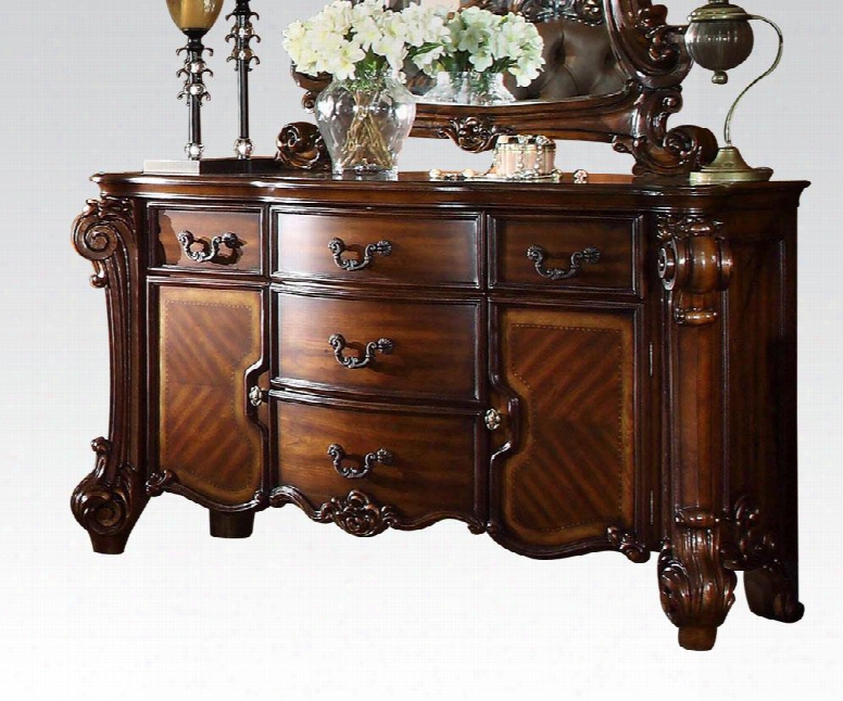 Vendome 22005 71" Dresser With 5 Drawers 2 Doors Decorative Accents Metal Hardware And Elaborate Wood Carving Details In Cherry