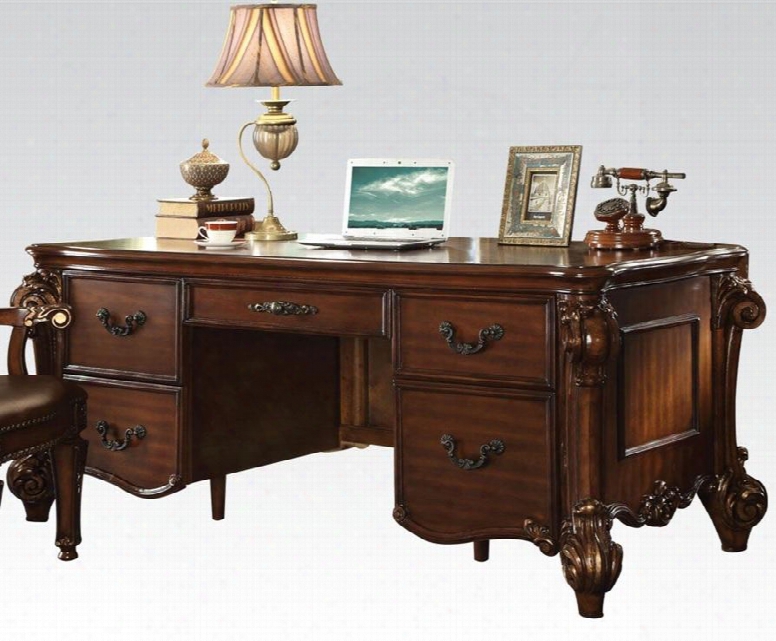 Vendoje 92125 74" Executive Desk With 5 Drawers Wood Carvings Side Metal Glides And Decorative Metal Hardware In Cherry