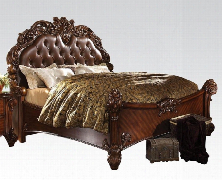 Vendome Collection 21994ck California King Size Panel Bed With Pu Padded Headboard Wood Carvings And Solid Wood Construction In Cherry