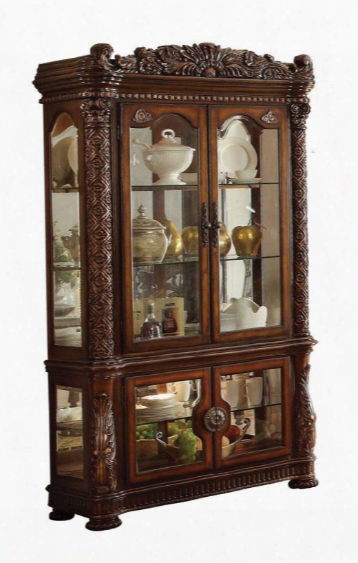 Vendome Collection 62023 53" Curio Cabinet With 4 Glass Doors 3 Glass Shelves Touch Light Back Mirror And Wood Carving In Cherry