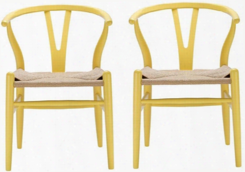 Weave Collection Em-109-yel-x2 22" Set Of 2 Arm Chairs With Curved Back Cord Woven Seat Tapered Legs And Solid Beech Wood Frame In Yellow