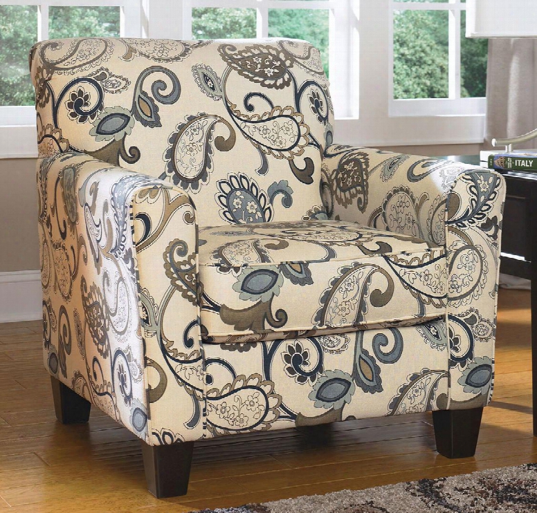 Yvette 7 790021 Accent Chair With Dome Arms Tapered Wooden Legs And Leaf Designs On Upholstery In Steel