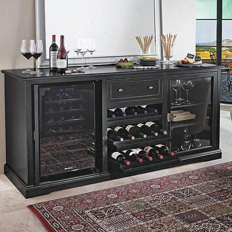 03350104 75" Siena Wine Credenza Nero With Wine Refrigerator Three Rolling Wood Shelves 1 Spacious Storage Area Adjustable Shelves And Deep Rolling Top