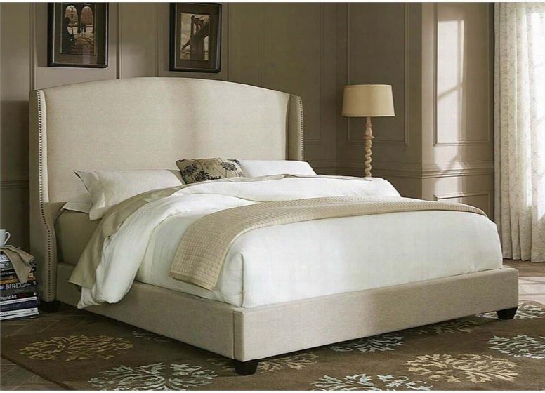 100-br-ksh King Shelter Bed With Nail Head Trim Fabric Upholstery And Tapered Block Feet In Natural Linen