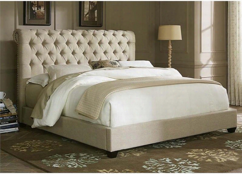 100-br-ksl King Sleigh Bed With Nail Head Clip Button Tufted Sleigh Headboard Fabric Upholstery And Tapered Block Feet In Natural Linen