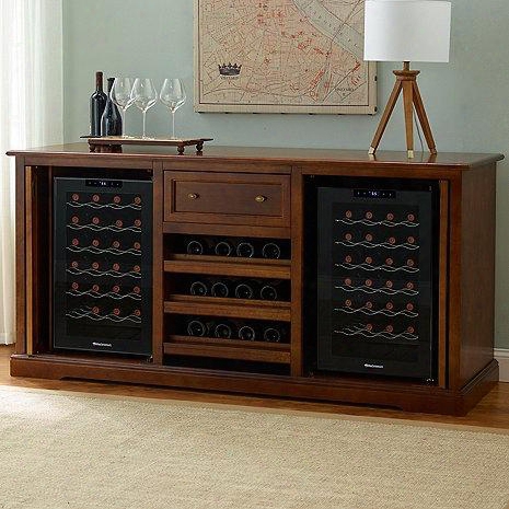 3359101 Siena Wine Credenza With Two 28 Bottle Touchscreen Wine Cooler Three Wood Shelves One Spacious Storage Area And Deep Rolling Top Drawer In
