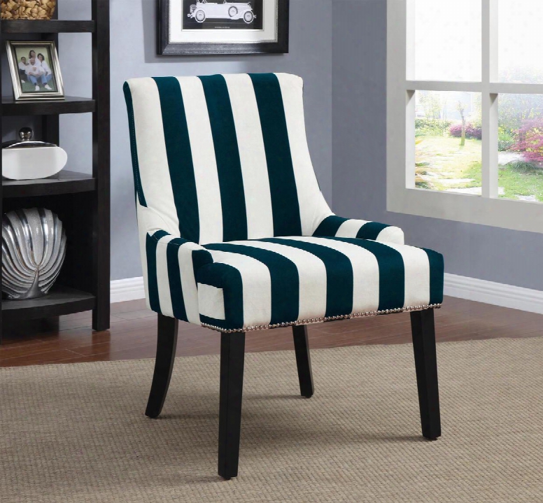 Accent Seating 902188 27" Accent Chair With Brass Nail Head Trim Tapered Legs And Fabric Upholstery In Navy And White