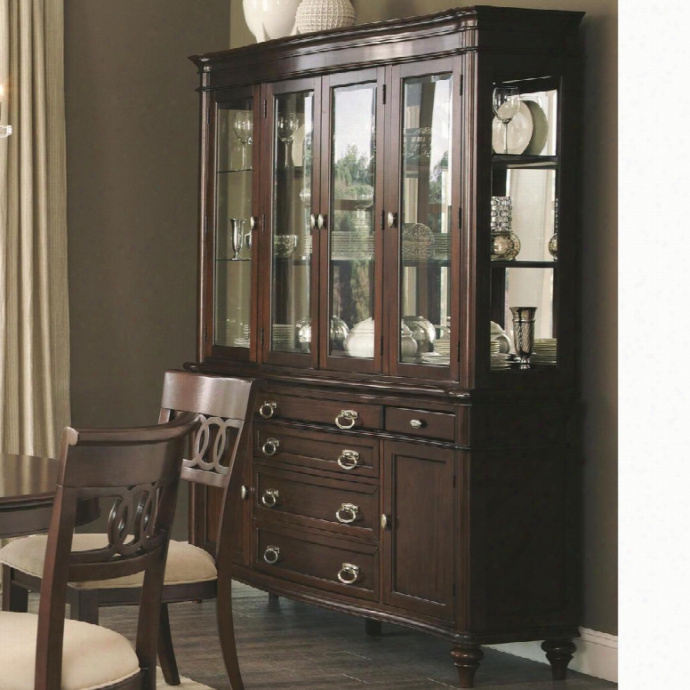 Alyssa Collection 105444 66" China Cabinet With 4 Glass Doors 6 Drawers 2 Wood Doors Turned Legs Glass Shelves Walnut Veneer Asian And Poplar Hardwood