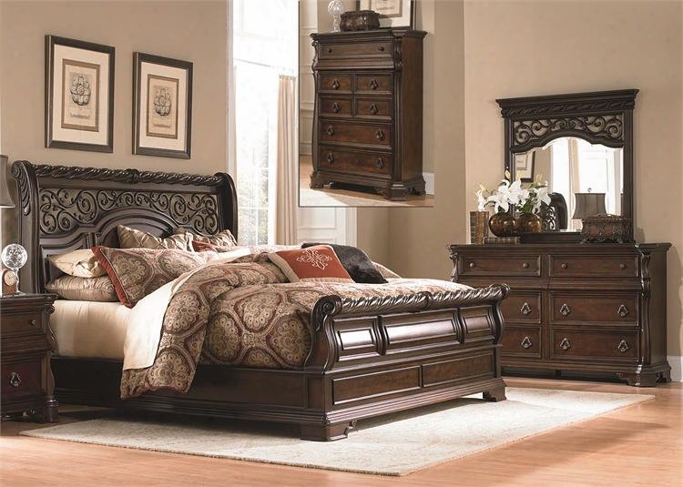 Spindle Place Collection 575-br-ksldmc 4-piece Bedroom Set With King Sleigh Bed Dresser Mirror And Chest In Brownstone