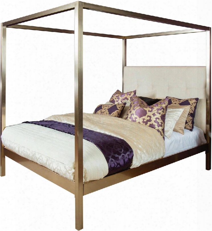 Avalon 1935bk King Sized Bed With Headboard Slats Bed Post And Canopy Pearl-hued Fabric Headboard In Champagne