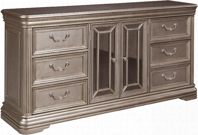 Birlannt Collection B720-31 72" Dresser With 6 Drawers 2 Framed Mirrored Doors 2 Interior Adjustable Shelves Carved Moldings Fluted Pilasters And