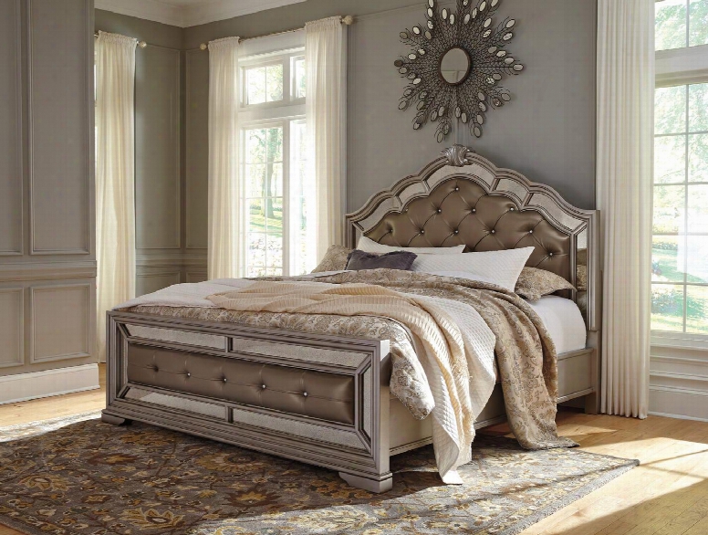 Birlanny Collection B720-58-56-94 California King Size Bed With Folded Crystal Button Tufting Faux Leather Upholstery Deep Carved Molding Details Mirrored