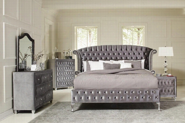 Deanna Collection 205101qset 5 Pc Bedroom Set With Queen Size Bed + Dresser + Mirror + Chest + Nightstand In Grey