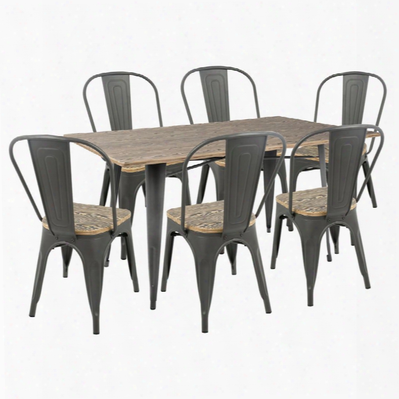 Ds-or7 Gy+bn Oregon 7pc Industrial Farmhouse Dining Set In Grey And