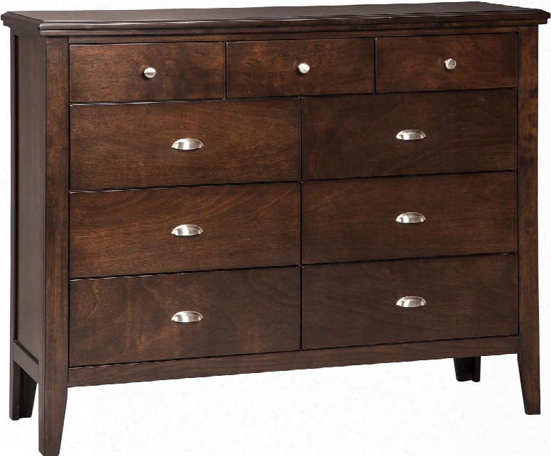 Evanburg Collection B598-31 55" Dresser With 9 Drawers Decorative Polished Metal Knobs And Bin Pulls Tapered Legs Clean Line Design Okoumev Eneer And