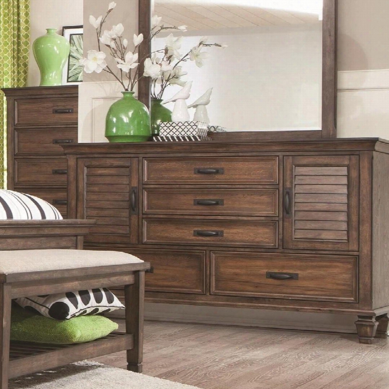 Franco Collection 200973 64" Dresser With 5 Drawers 2 Louvered Doors Black Metal Handles Solid Hardwood And New Zealand Pine Construction In Burnished Oak