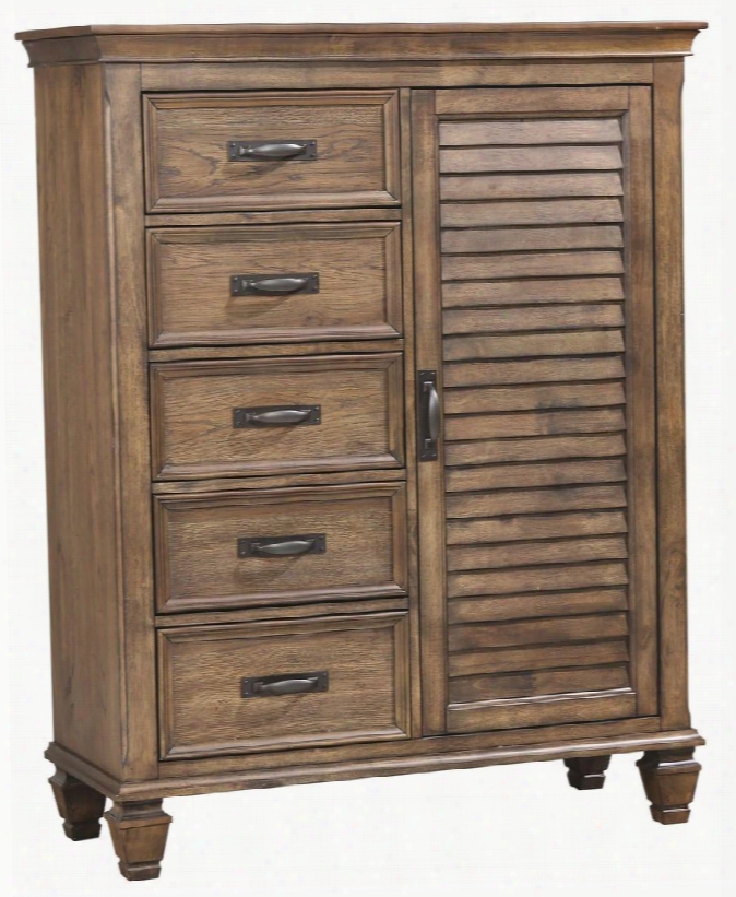 Franco Collection 200976 43" Man's Chest With 5 Drawers 1 Louvered Door Black Metal Handles Pull Out Dowel And New Zealand Pine Construction In Burnished