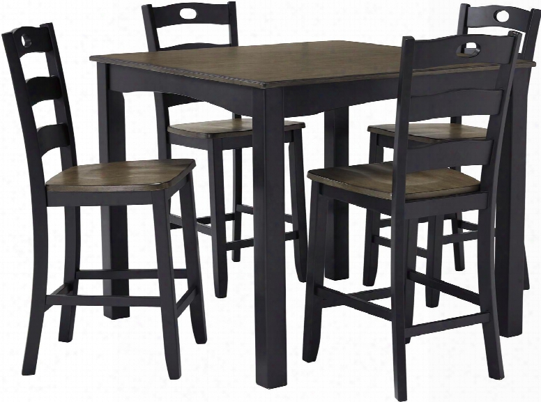 Froshburg Collection D338-223 5-piece Dining Room Set With Square Counter Height Table And 4 Pierced Ladder Back Barstools In Grayish Brown And