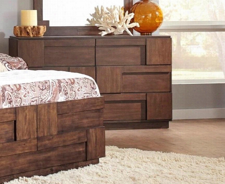 Gallagher Collection 200853 59" Dresser With 6 Drawers Geometric Layered Wood Patterns Finger Tip Pulls And Acacia Veneers Construction In Golden Brown