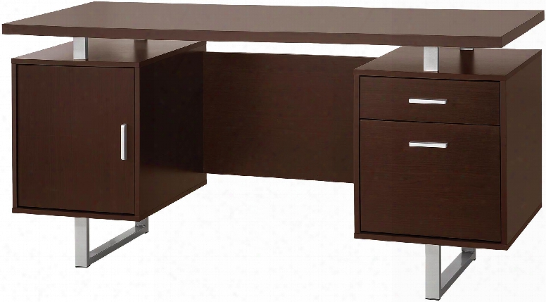 Glavan Collection 801521 60" Office Desk With 1 Drawer File Cabinet Floating Desk Top Double Pedestal Silver Bar Handle Hardware U-shaped Legs And Wood
