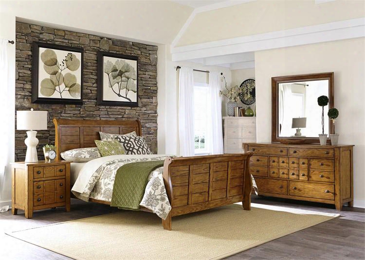 Grandpa's Cabin Collection 175-br-ksldmn 4-piece Bedroom Set With King Sleigh Bed Dresser Mirror And Night Stand In Aged Oak