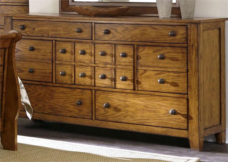 Grandpa's Cabin Collection 175-br31 65" Dresser With 7 Drawers Antique Brass Knobs French & English Dovetail Construction In Aged Oak