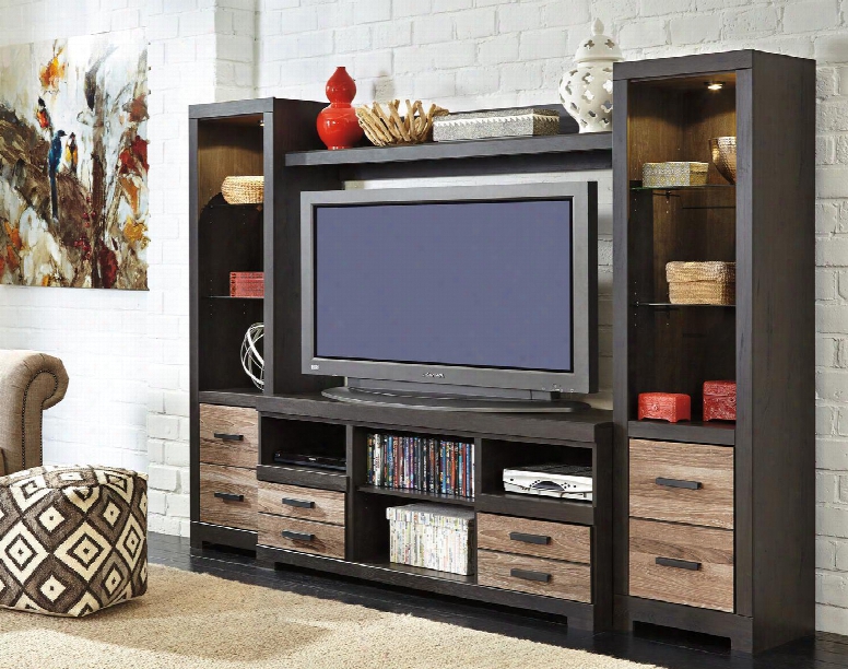 Harlinton Collection W325entset 104" 4-piece Entertainment Center With Large Tv Stand 2x Pier Cabinets And Bridge In Warm Grey