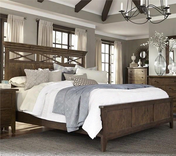Hearthstone Collection 382-br-kpb King Panel Bed With Tapered Feet Center Supported Slat System And Molding Details In Rustic Oak