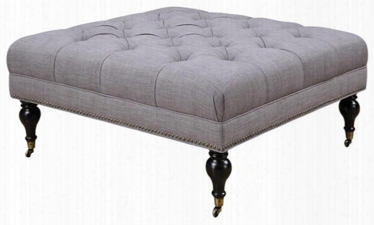 Home Accents Collection 500315 41" Ottoman With Button Tufted Seat Cappuccino Turned Legs Casters Nail Head Trim And Fabric Upholstery In Light Grey