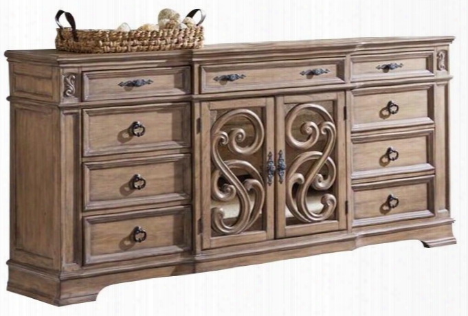 Ilana Collection 205073 77" Dresser With 9 Drawers 2 Doors Antique Brass Handle Hardware Grey Felt Lined Top Drawer And Pine Wood Construction In Antique