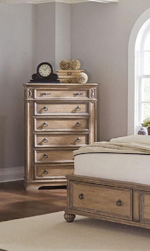 Ilana Collection 205075 40" Chest With 6 Drawers Antique Brass Handle Hardware Grey Felt Lined Top Drawer And Pine Wood Construction In Antique Linen