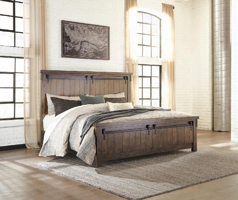 Lakeleigh Collection B718-58-56-94 California King Size Bed With Faux Barn Door Panels Accenting Metal Hardware Planked Style Headboard And Footboard Acacia