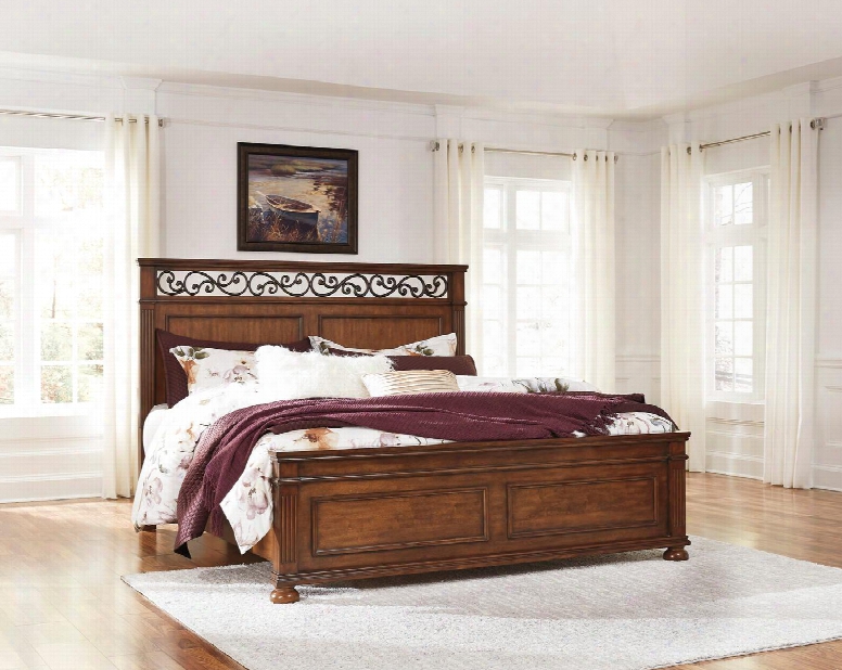 Lazzene Collection B529-58-56-94 California King Size Bed With Fluted Pilasters Molding Details Open Crown Design Headboard With Decorative Cast Resin