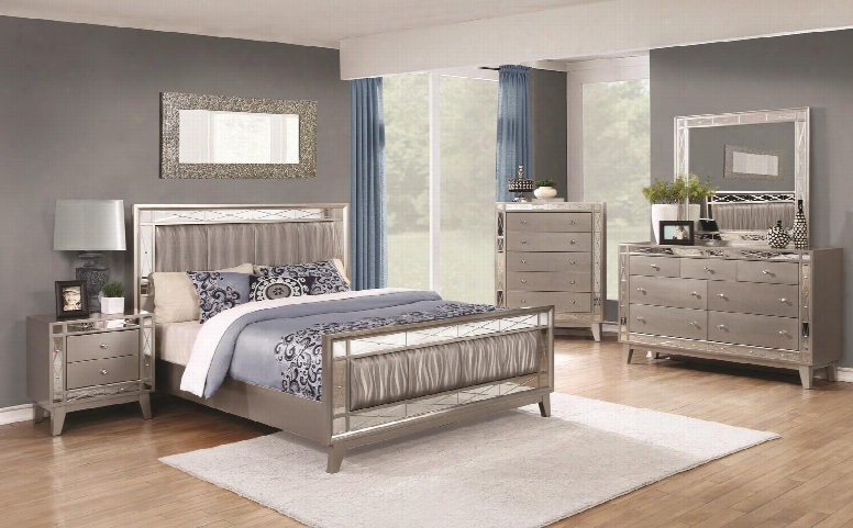 Leighton Collection 204921qset 5 Pc Bedroom Set With Queen Size Bed + Dresser + Mirror + Chest + Nightstand In Metallic Mercury