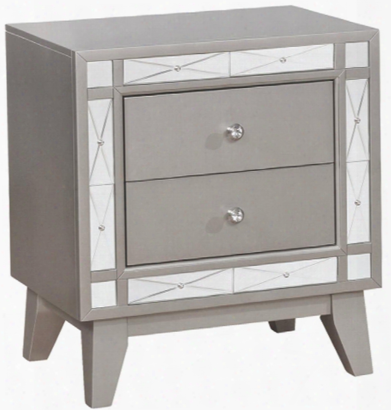 Leighton Collection 204922 23" Nightstand With 2 Drawers Mirror Panel Accents Crystal Knobs Poplar Wood And Asian Harwood Frame In Mercury Metallic