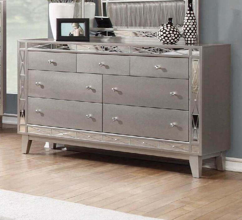 Leighton Collection 204923 58" Dresser With 7 Drawers Mirror Panel Accents Crystal Knobs Poplar Wood And Asian Hardwood Frame In Mercury Metallic