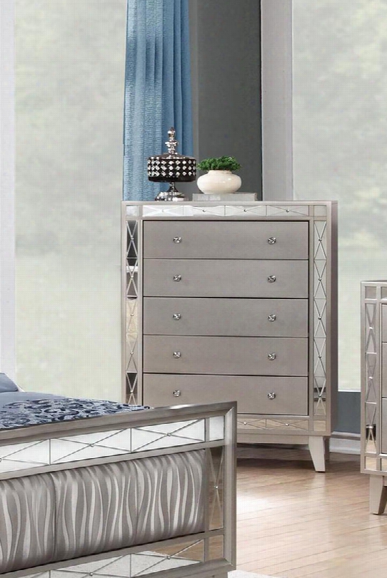 Leighton Collection 204925 32" Chest With 5 Drawers Mirror Panel Accents Crystal Knobs Poplar Wood And Asian Hardwood Frame In Mercury Metallic