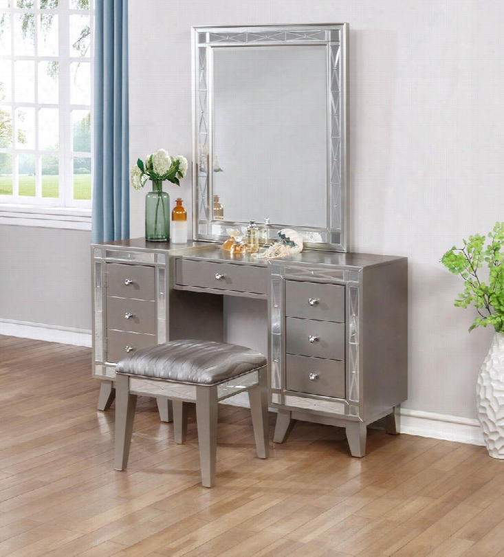 Leighton Collection 204927dsm Vanity Set With Desk + Stool + Mirror In Metallic Mercury