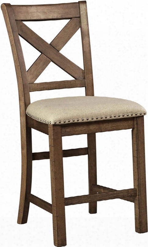 Moriville Collection D631-124 25" Barstool With Textured Fabric Upholstery Cushioned Seating Antique Nailhhead Trim Stretcher Footrest And Distressing
